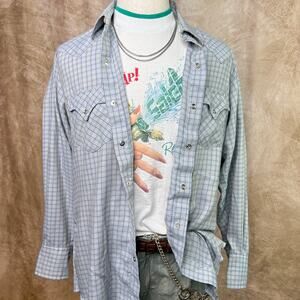 Vintage Western Shirt 80s Tem Tex Checkered Flannel Pearl Snap Gray Blue Cowboy